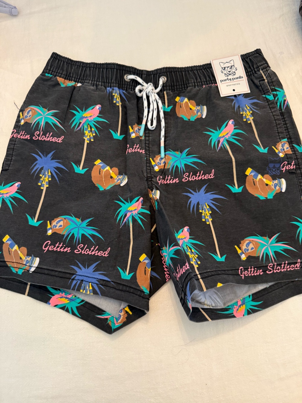 Party pants Men's Black 'Gettin Slothed' Printed Swim Trunks